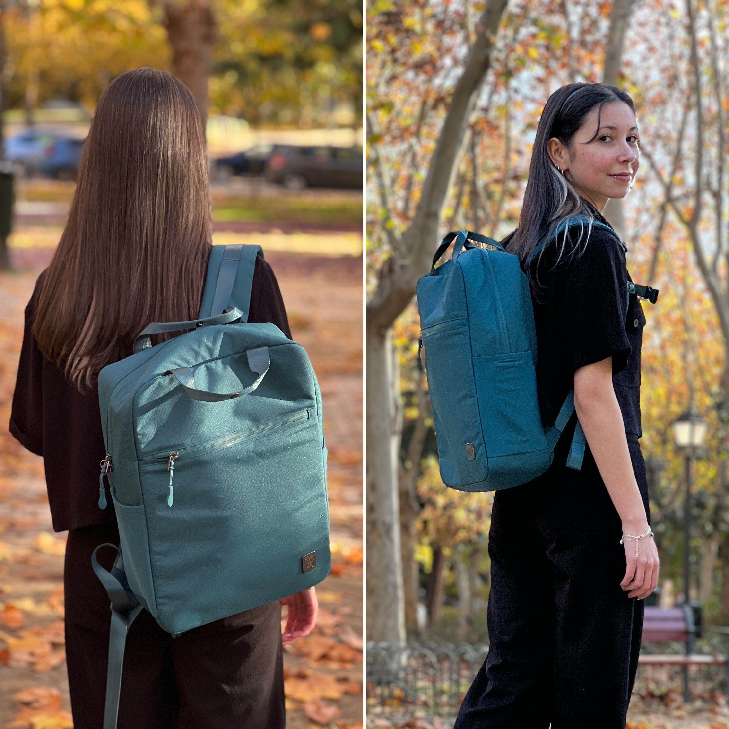 Frau traegt den FUCHS und REBELL PEPE Daypack in petrolblau.