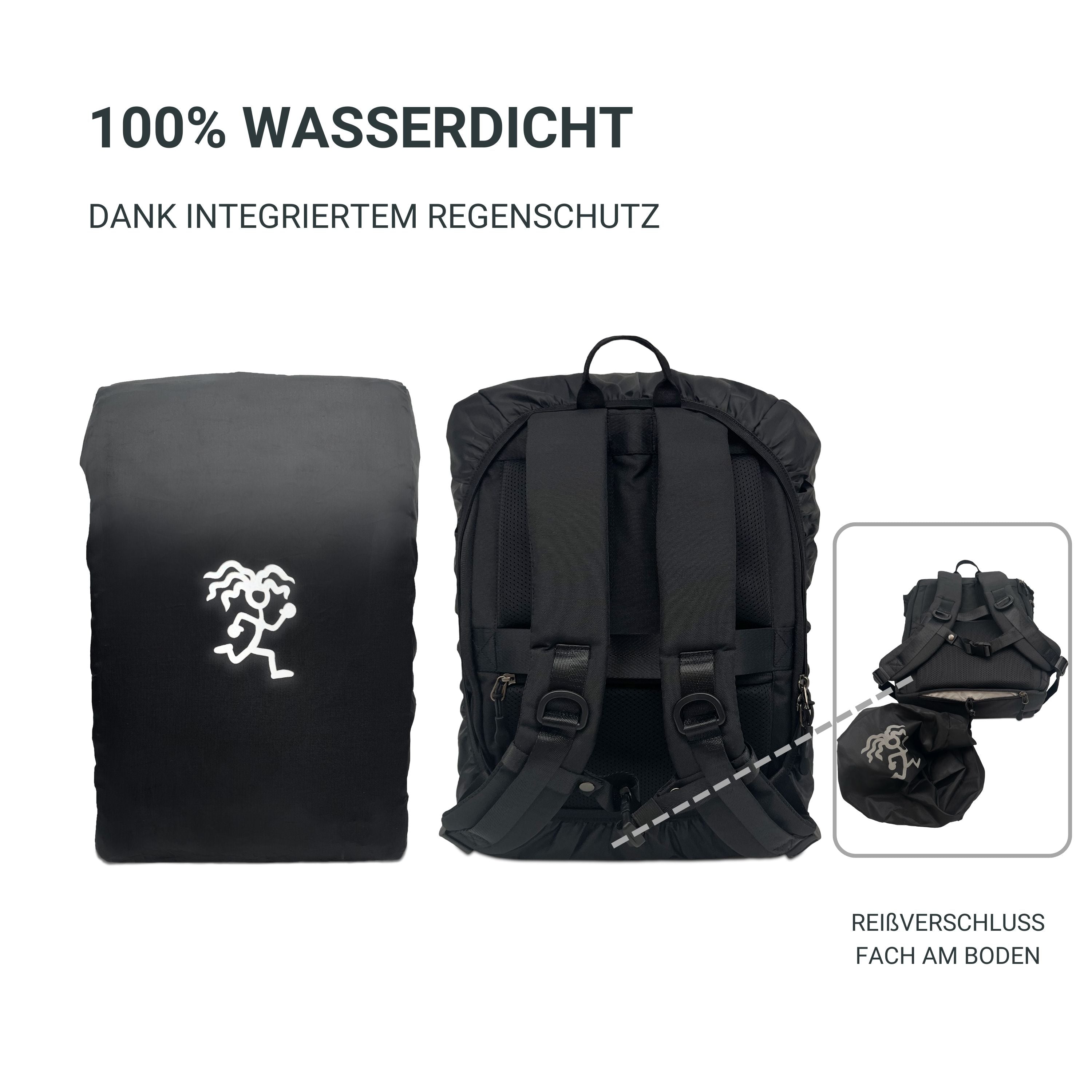 Der FUCHS und REBELL EDDIE Rolltop Rucksack hat eine integrierte Regenschutzhülle für perfekten Schutz gegen Regen.