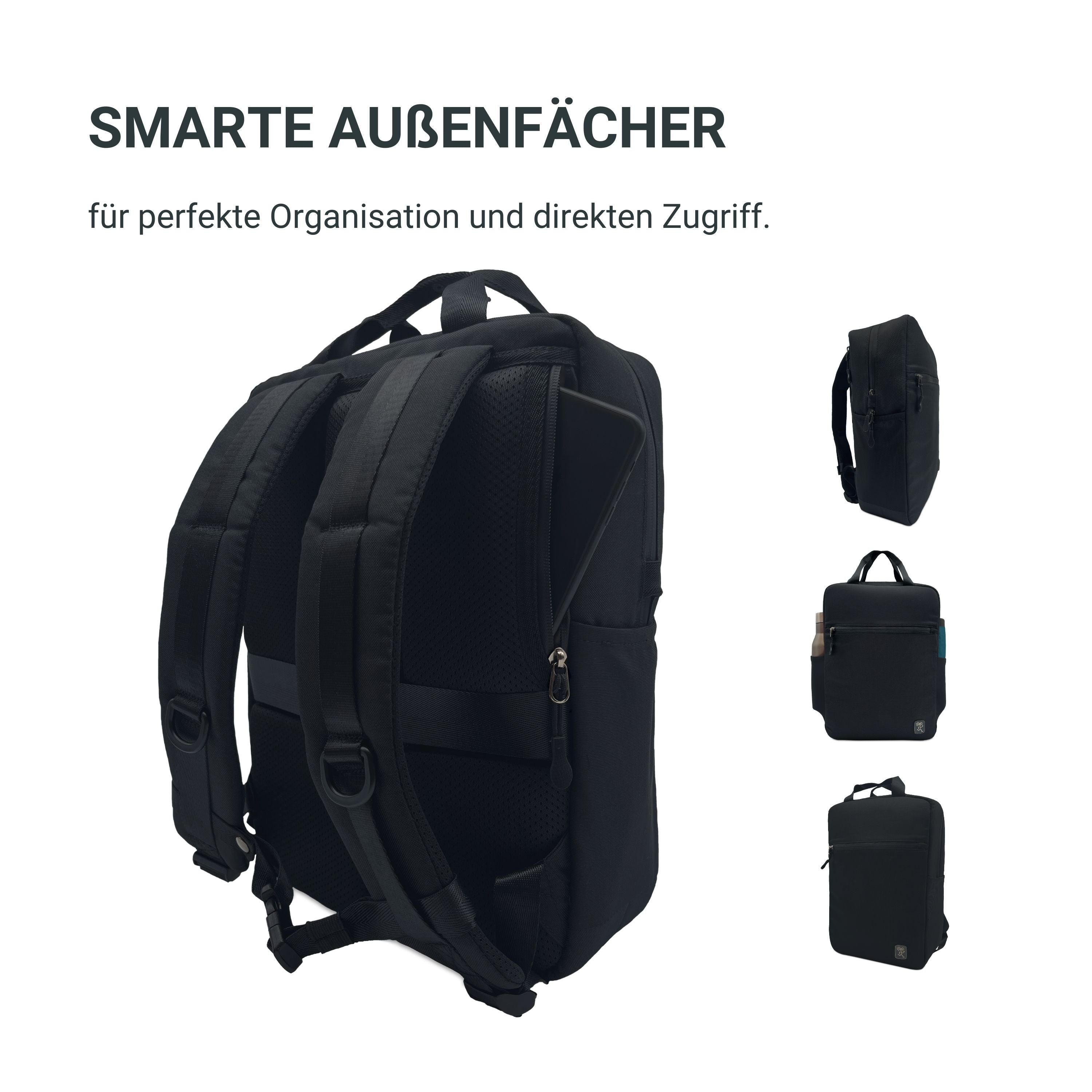 Seitenansicht des FUCHS und REBELL PEPE Daypacks in schwarz mit vielen prakischen Faechern.