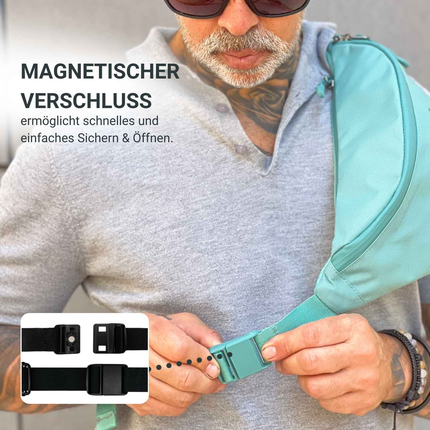 Szenenbild von einem Mann der den magnetischen Verschluss des FUCHS und REBELL FIETE Hip Bags in schwarz demonstriert.