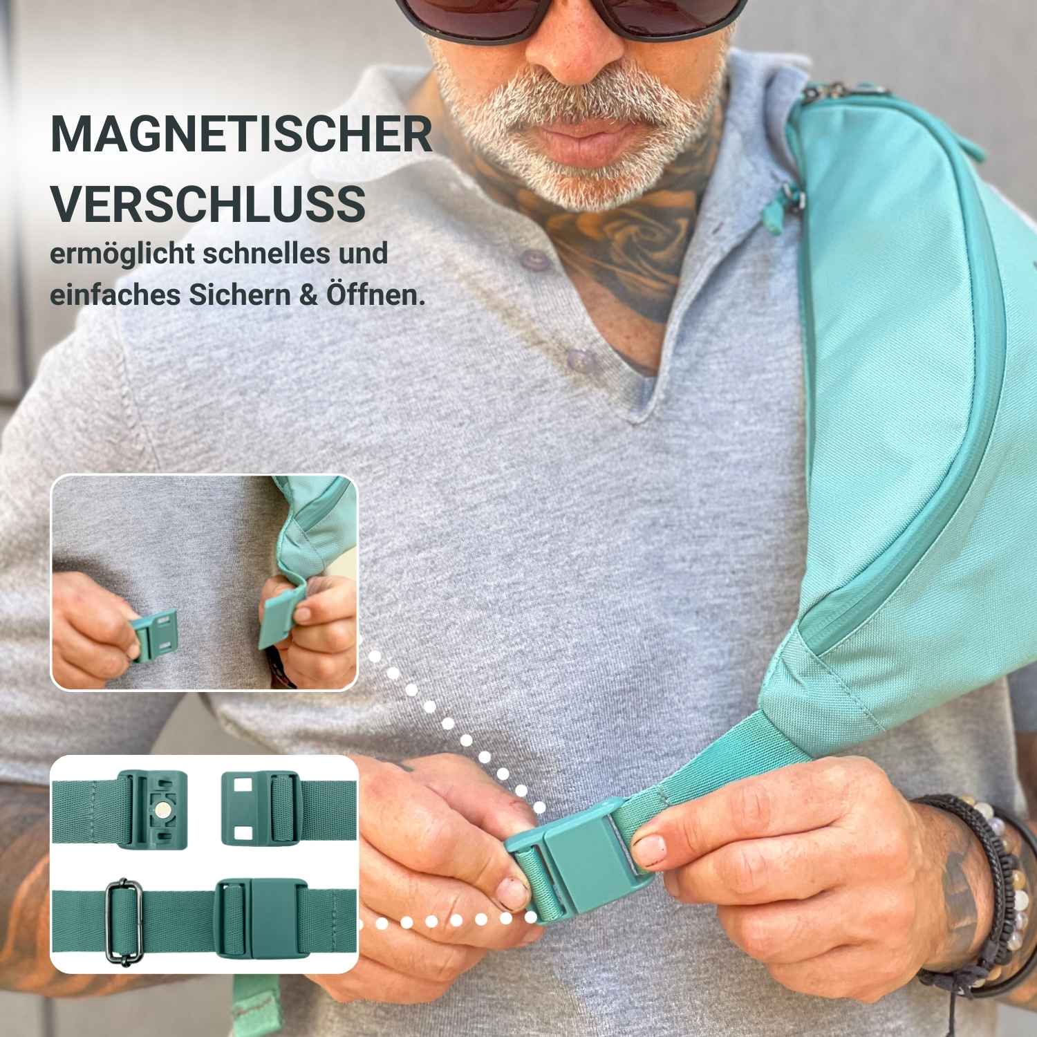 Szenenbild von einem Mann der den magnetischen Verschluss des FUCHS und REBELL FIETE Hip Bags in mint blau demonstriert.