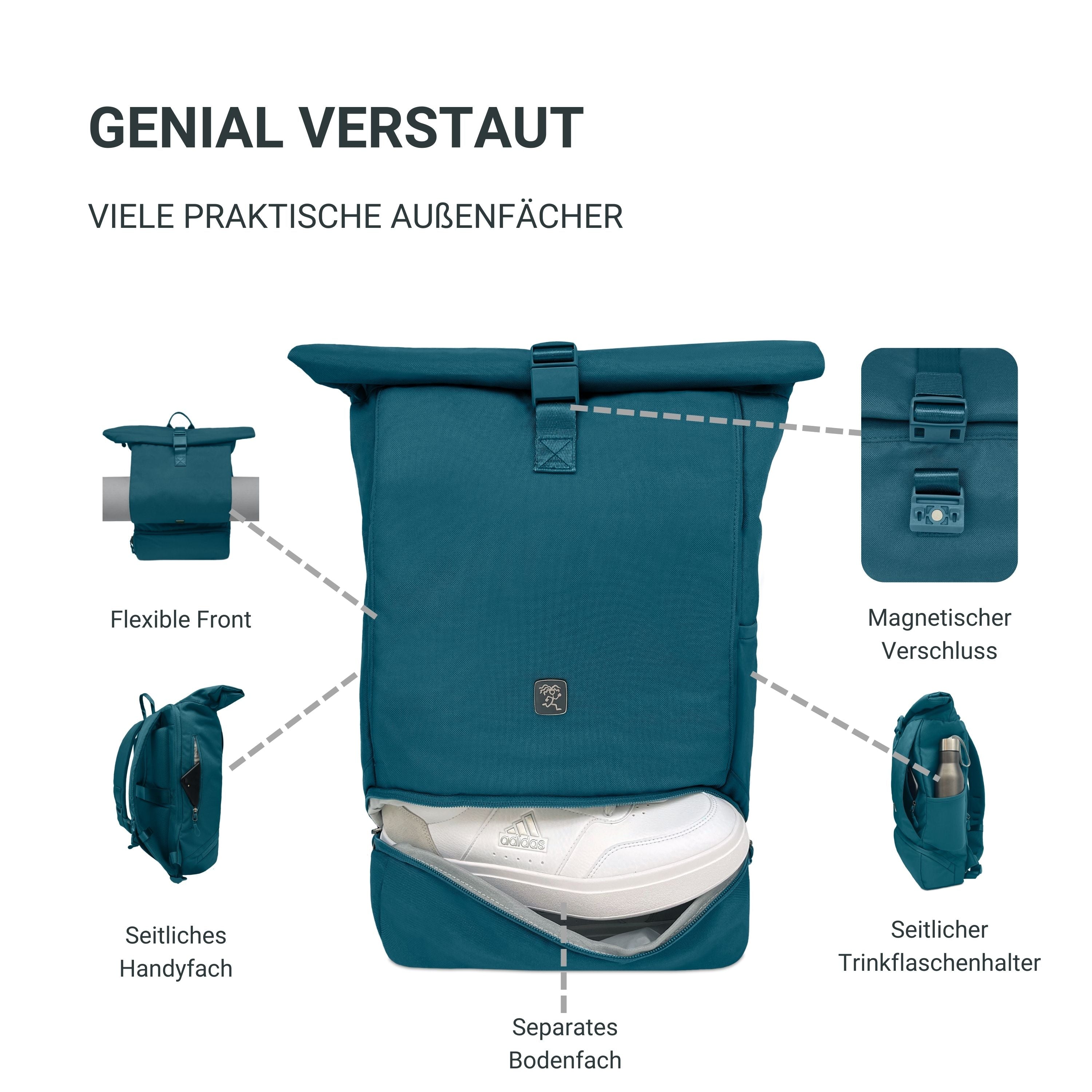 Aussenansicht des FUCHS und REBELL EDDIE Rolltop Rucksacks in petrolblau mit vielen praktischen Faechern, wie zum Beispiel ein separates Schuhfach.