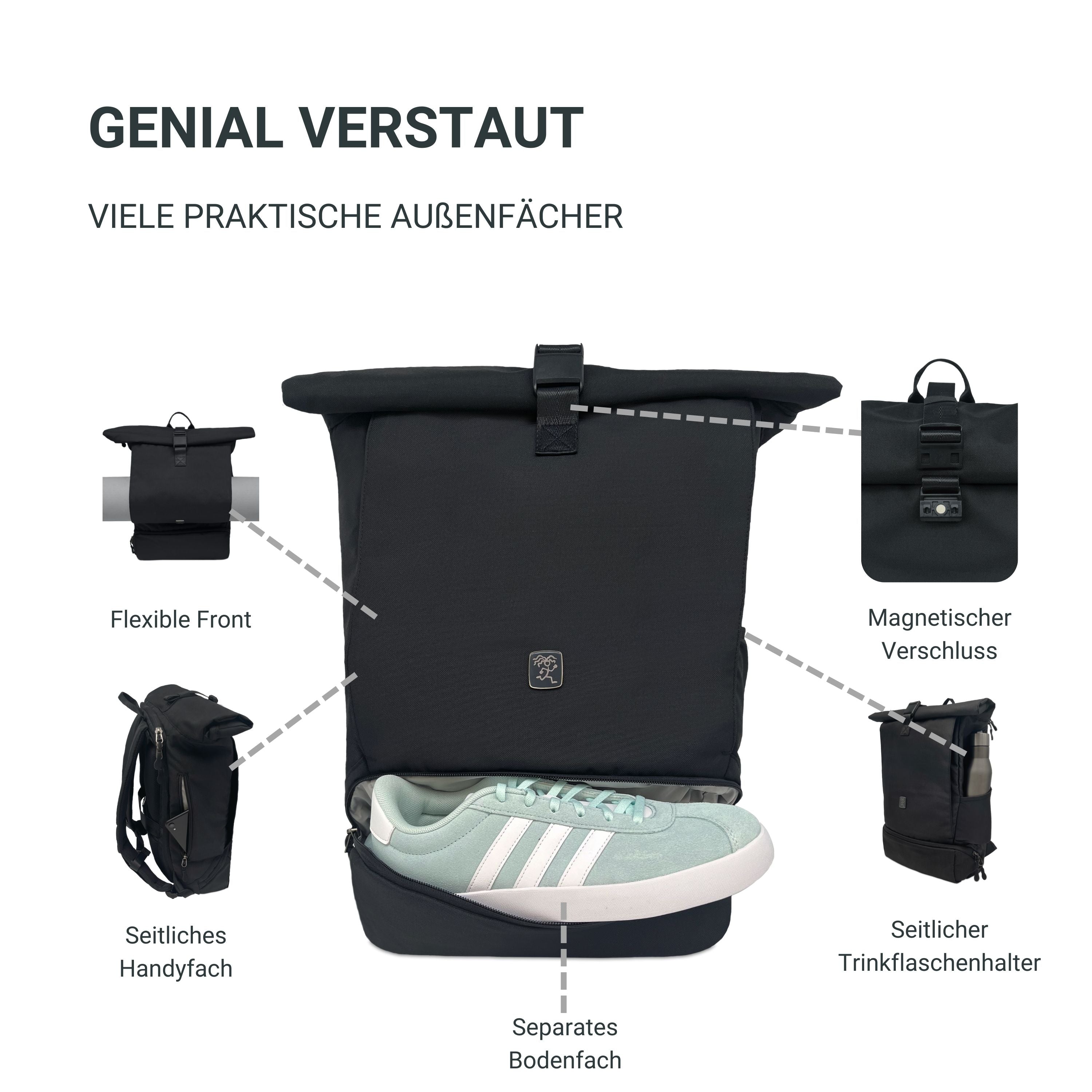 Aussenansicht des FUCHS und REBELL EDDIE Rolltop Rucksacks in schwarz mit vielen praktischen Faechern, wie zum Beispiel ein separates Schuhfach.