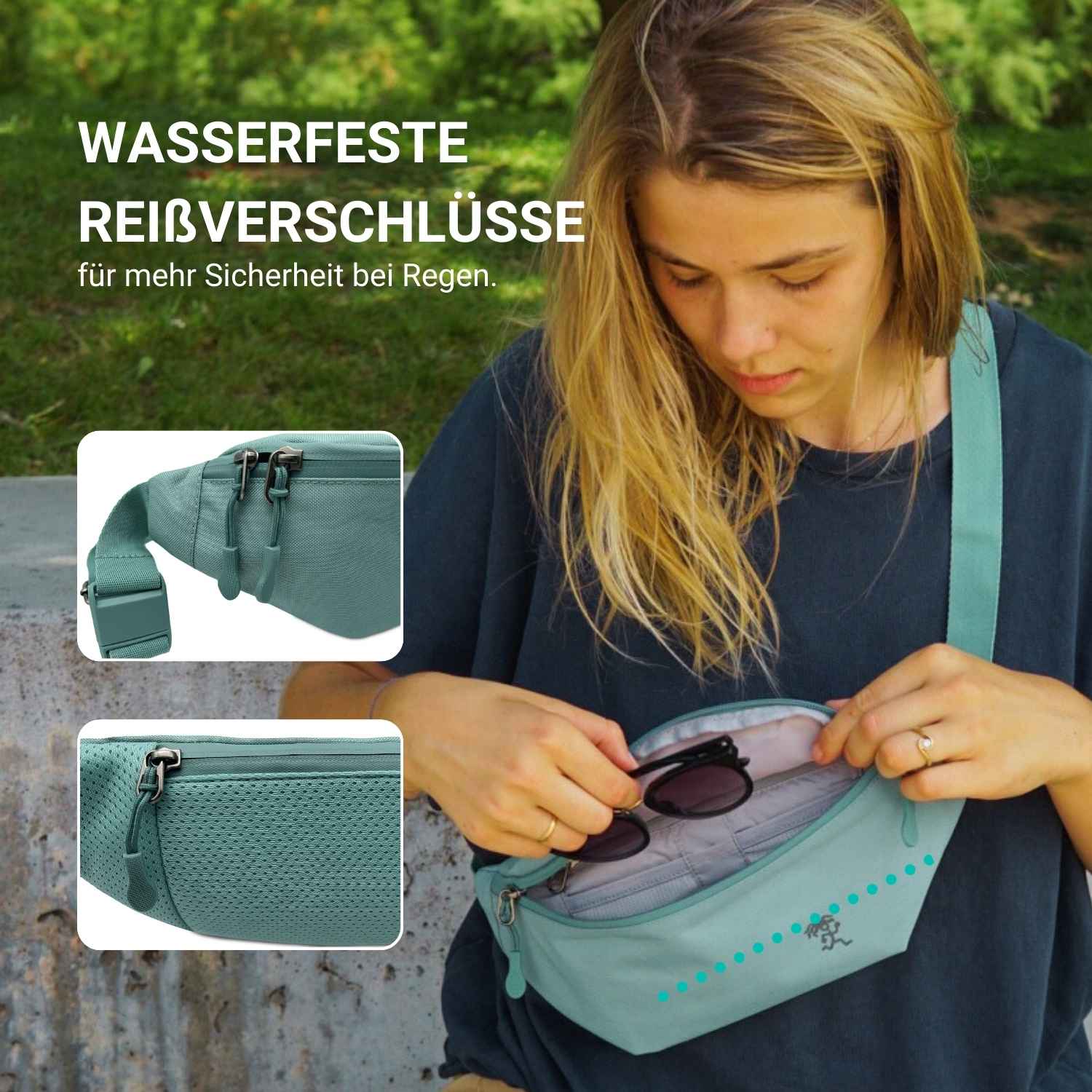 Szenenbild von einer Frau, die die wasserfesten Reißverschluesse des FUCHS und REBELL FIETE Hip Bags in mint blau demonstriert.