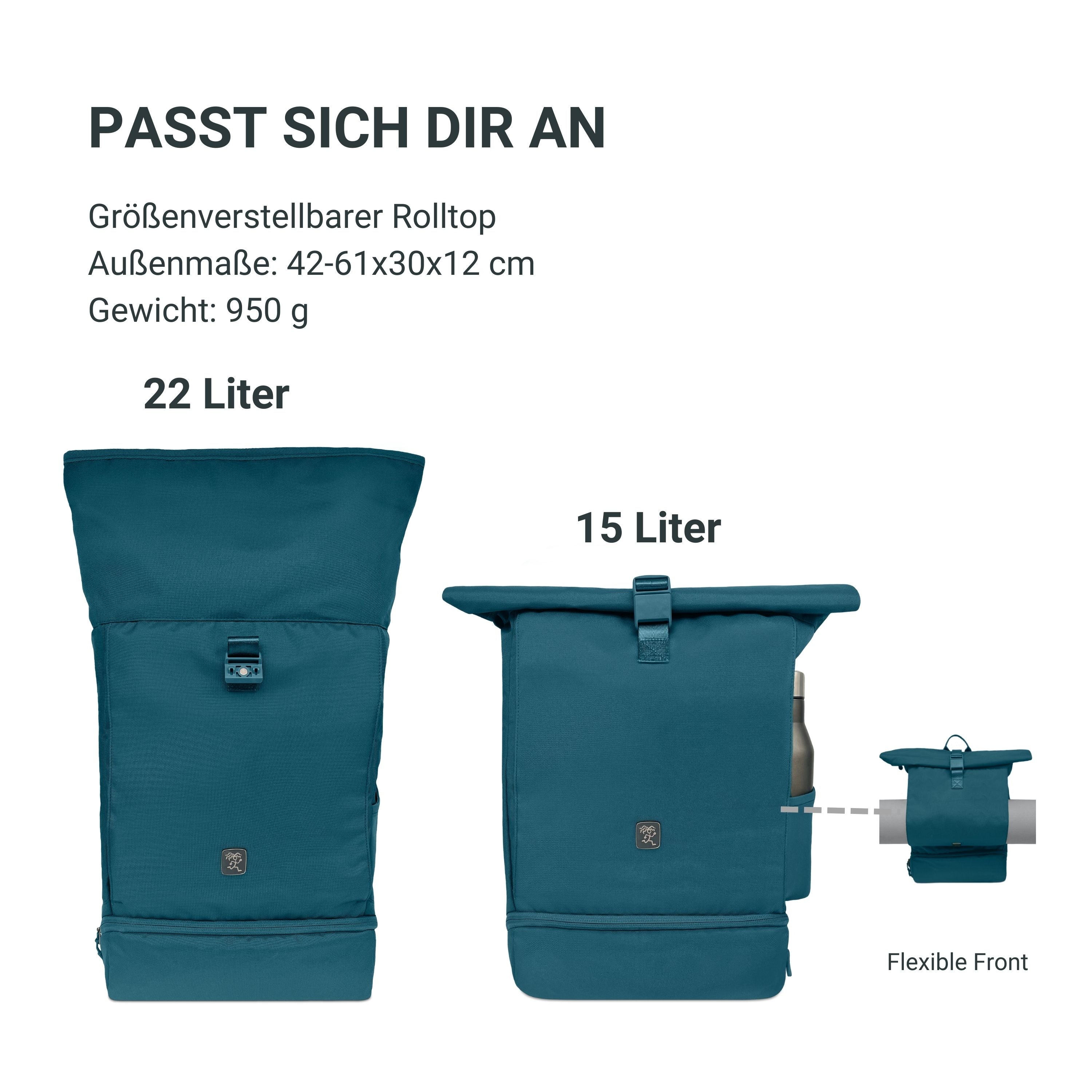 Vorderansicht des FUCHS und REBELL EDDIE Rolltop Rucksacks in petrolblau mit eingerolltem und aufgerolltem  Rolltop, um die flexible Groesse zu zeigen.