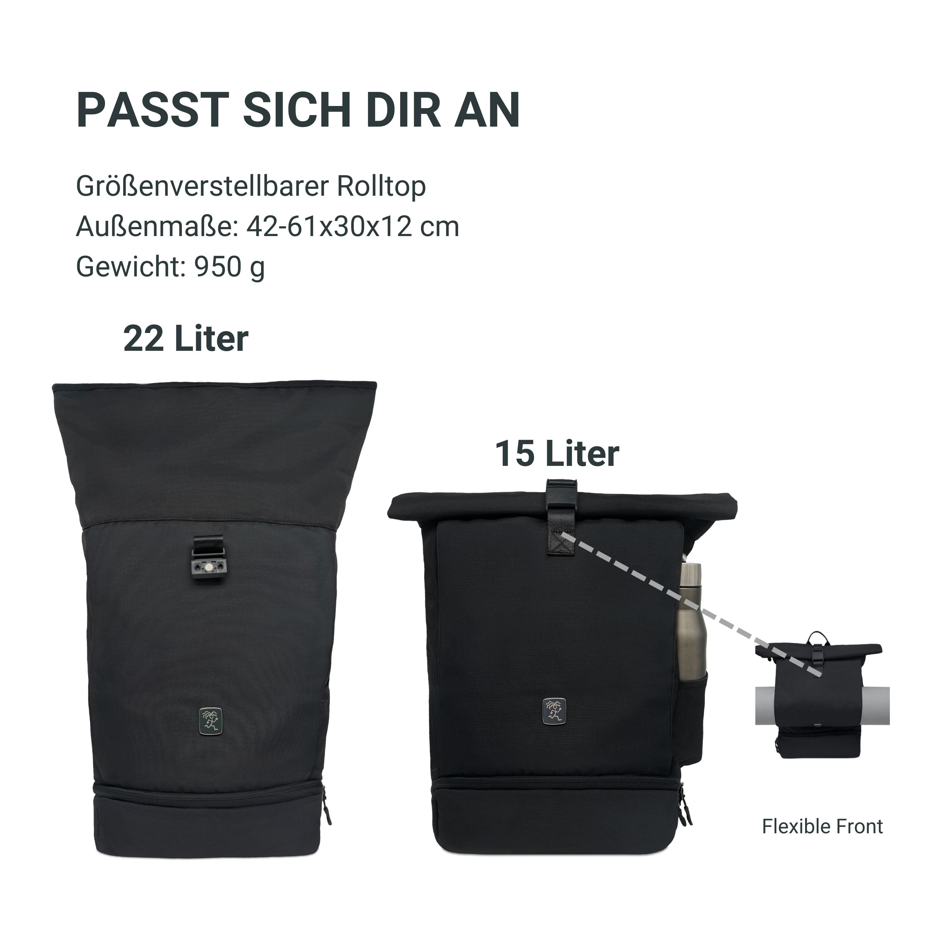 Vorderansicht des FUCHS und REBELL EDDIE Rolltop Rucksacks in schwarz mit eingerolltem und aufgerolltem  Rolltop, um die flexible Groesse zu zeigen. 