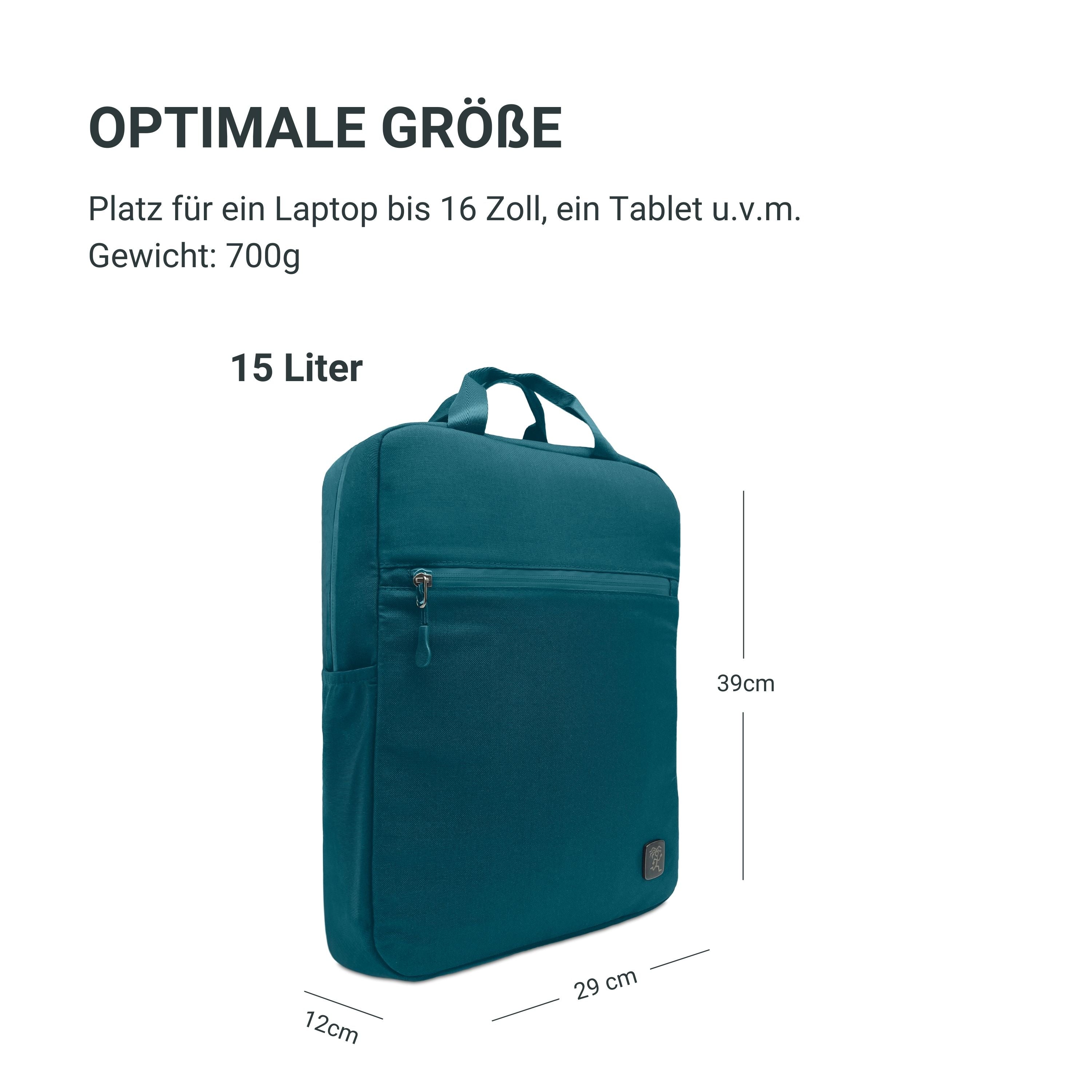 Darstellung der Groesse des FUCHS und REBELL PEPE Daypacks in petrolblau.