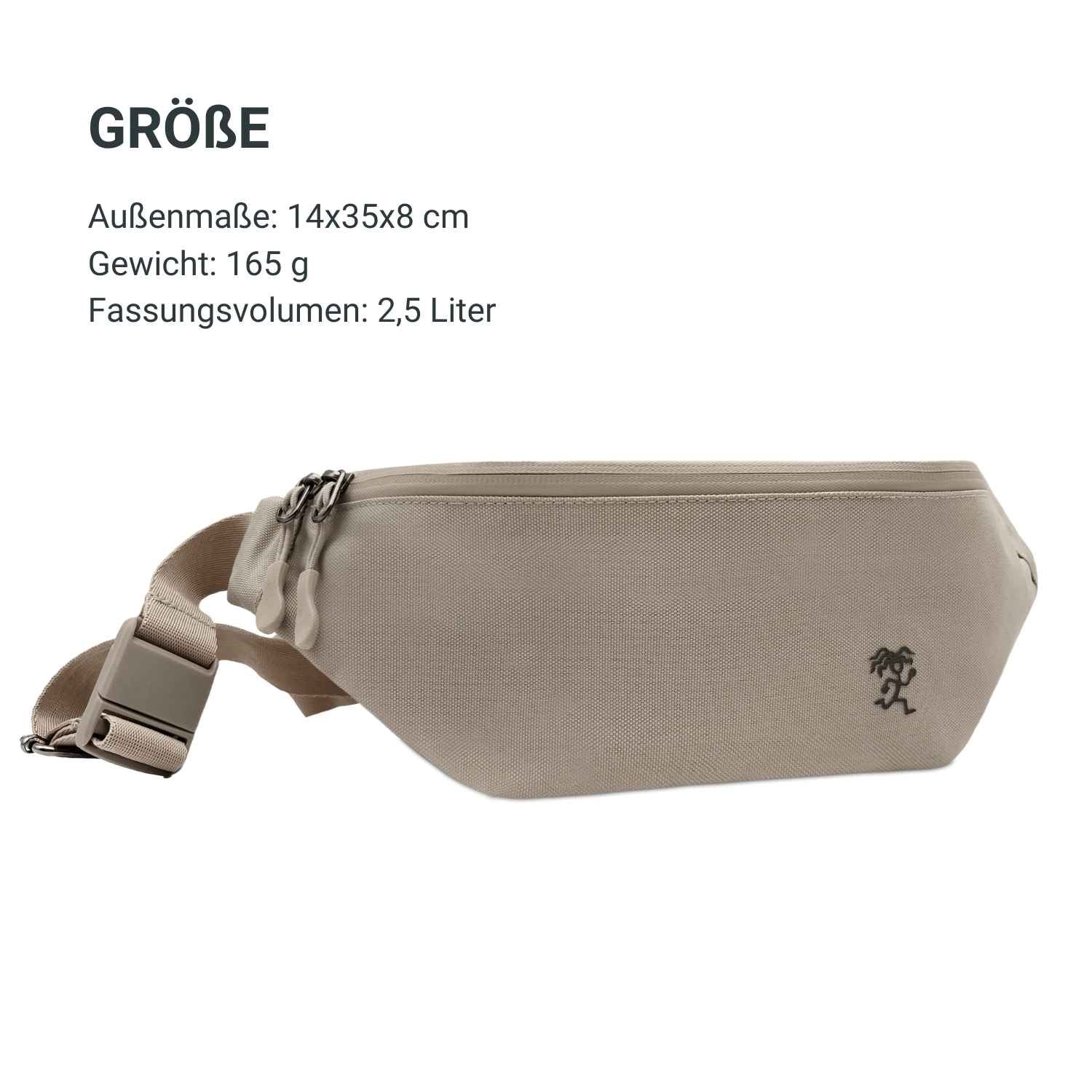 Seitenansicht des FUCHS und REBELL FIETE Hip Bags in beige mit Groessenangaben, Gewicht und Volumen. 