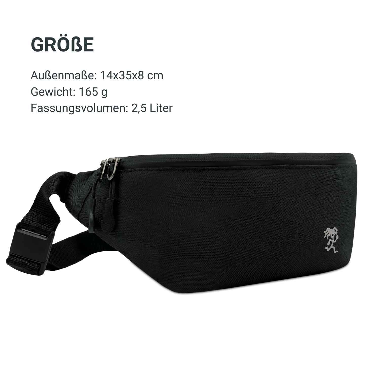 Seitenansicht des FUCHS und REBELL FIETE Hip Bags in schwarz mit Groessenangaben, Gewicht und Volumen. 