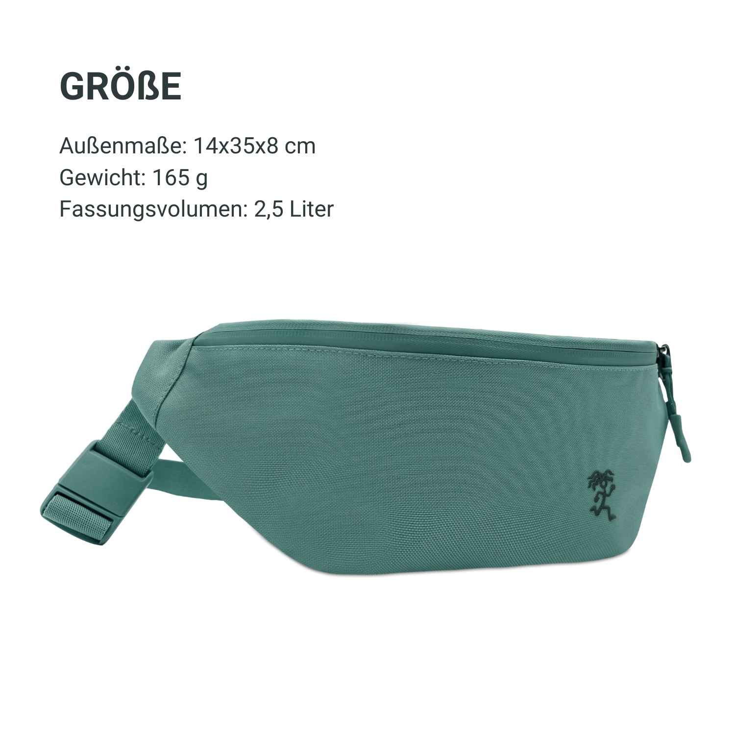 Seitenansicht des FUCHS und REBELL FIETE Hip Bags in mint blau mit Groessenangaben, Gewicht und Volumen. 