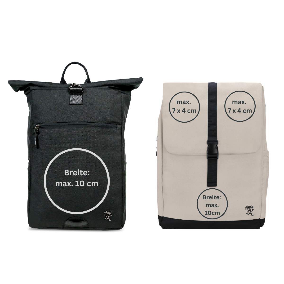 Frontansicht des FUCHS und REBELL PIET Rucksacks in schwarz und des MATS Daypacks in beige mit Platzierungsmoeglichkeiten fuer die Logoplatzierung.